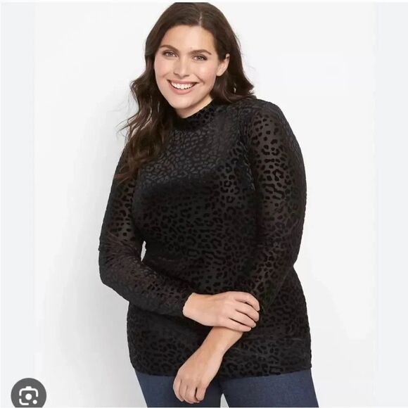 Lane Bryant Tops - Lane Bryant 22/24 Black Leopard Print Mock Neck Sheer Mesh Long Sleeve Blouse